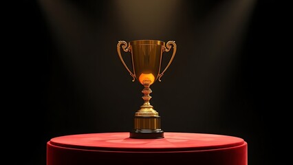 Golden trophy on a velvet podium under dramatic spotlight in an elegant setting.