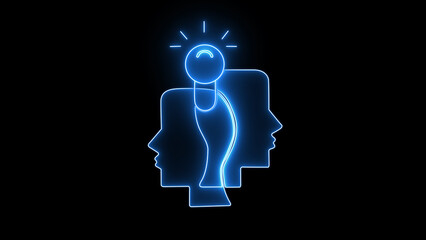 Glowing neon blue human head profiles with an blue light bulb, symbolizing shared ideas, creative teamwork, and innovative thinking on a black background.