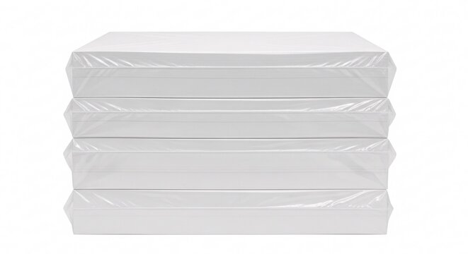 Neatly stacked reams of white copy paper shrink-wrapped for protection and storage