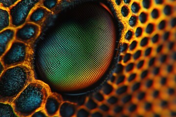 Extreme close-up macro image of a colorful compound insect eye surrounded by textured hexagonal patterns in warm orange and yellow tones