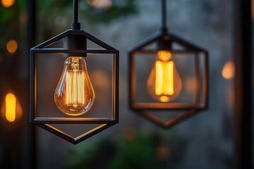 Obraz premium Two glowing vintage filament light bulbs encased in black geometric metal frames hanging indoors with a blurred background conveying warmth and coziness