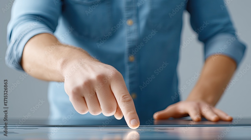 Aufkleber person interacting with touchscreen display using finger in modern office environment