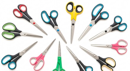Vibrant collection of colorful scissors arranged in a dynamic circle, perfect for crafting and office projects