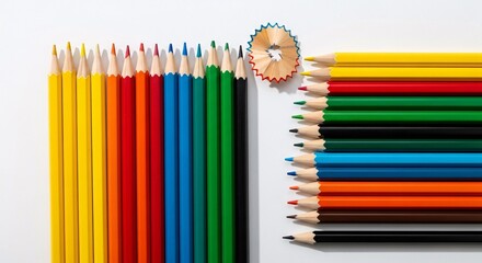 Vibrant colored pencils arranged beautifully with shavings, inspiring creativity and artistic expression