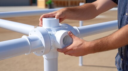 Person Assembling White Plastic Pipes for Construction Project in Outdoor Setting with Bright Sunlight