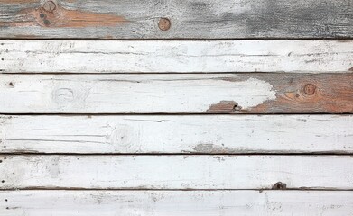 Fototapeta premium Close-up of old weathered wooden planks painted white with peeling paint and visible natural wood grain and knots, evoking a rustic and aged feeling