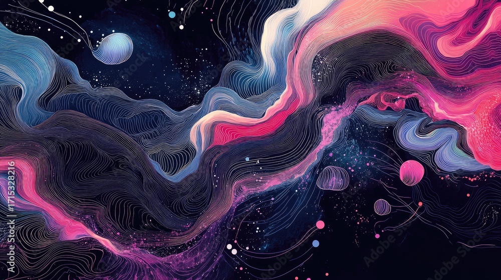 Poster abstract colorful swirling lines with cosmic elements in space