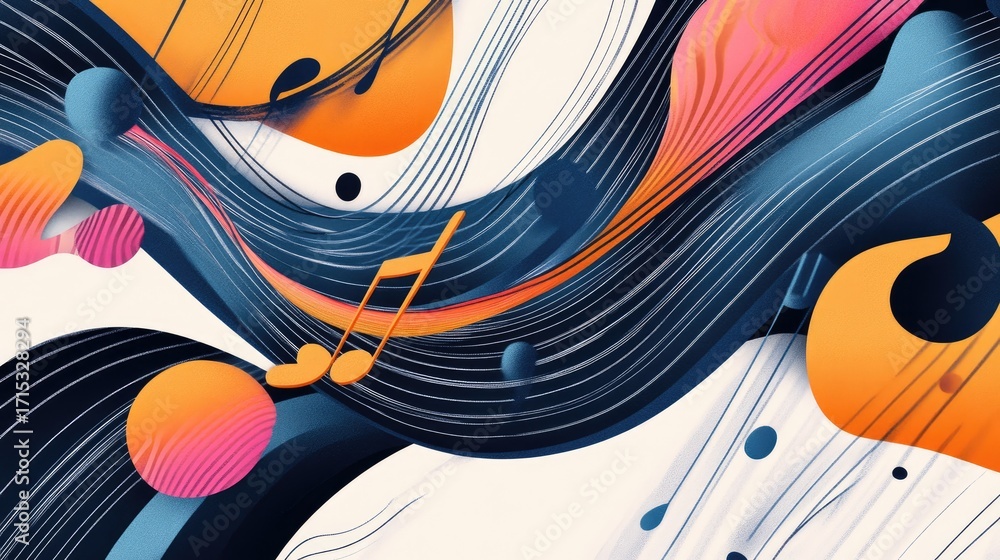 Poster vibrant abstract waves with musical notes and colorful patterns