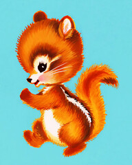 Adorable Fluffy Chipmunk with Big Round Eyes and Whiskers Dancing Joyfully Against a Vibrant Teal Background Capturing the Essence of Childhood Wonder and Nature's Delightful Creatures	