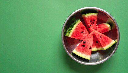 Refreshing Watermelon Slices in a Metal Bowl on a Green Background