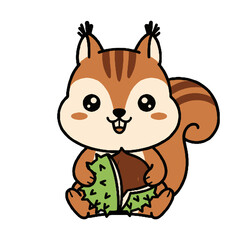 Fototapeta premium Cute cartoon chipmunk holding chestnut