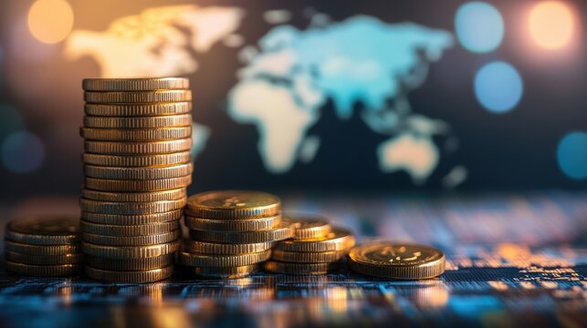 growing financial graphs, and an interconnected world map representing the rise of global investments, with a blurred corporate background - Powered by Adobe