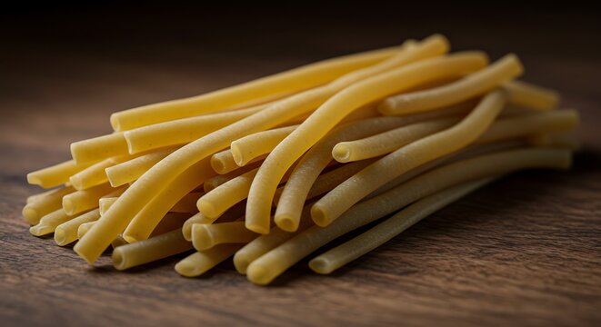 Rustic Pile of Fresh Ziti Pasta on Dark Wood Surface, Close-Up.
