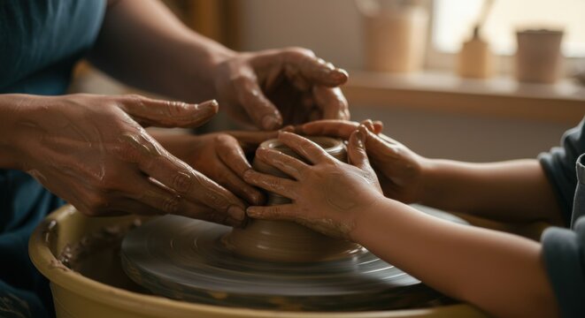 Potter's Hands Guiding a Child's Hands, Crafting Clay on a Pottery Wheel