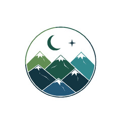 Stylized circular logo depicting mountain range under crescent moon and star, representing nature, adventure, and the outdoors