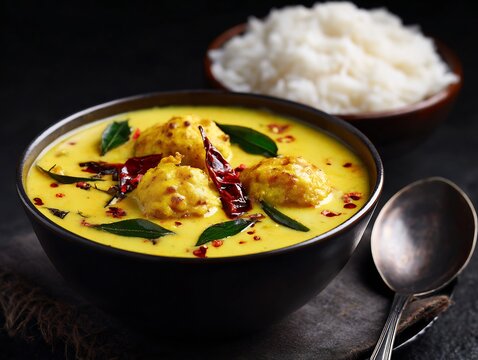 Delicious indian kadhi pakora served with fluffy white rice