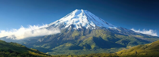 Snow-capped mountain under a clear deep blue sky with green forested hills at its base