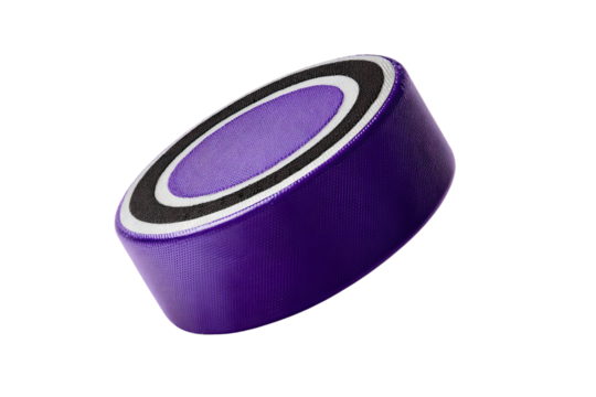 a purple hockey puck with a white center