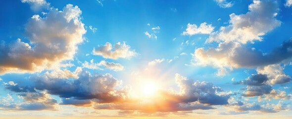 Fototapeta premium Bright sun shining through scattered clouds in a blue sky creating a vibrant and uplifting atmosphere