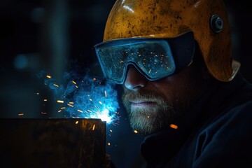 Man wearing yellow safety helmet and protective goggles welding metal with blue sparks and smoke in a dark workshop