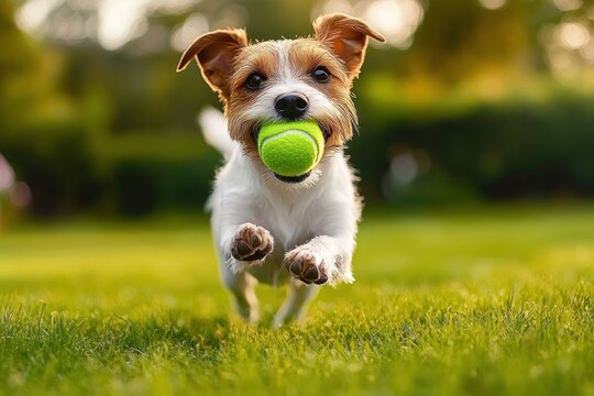 energetic small dog running on green grass with a bright yellow tennis ball in its mouth during outdoor playtime