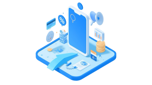 Isometric Illustration of Mobile Marketing Concept with Data and Strategy Elements