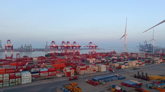 Aerial view of the cargo terminal of Tianjin Port at dusk