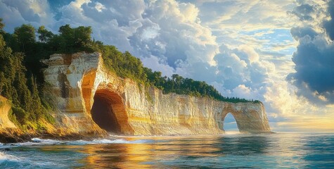 Golden sunlight illuminates dramatic coastal cliffs with natural arch and cave formations surrounded by calm sea under a dynamic cloudy sky