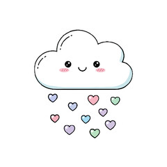 Cute kawaii smiling cloud raining colorful hearts, adorable weather with pastel colors, perfect for childrens designs and sweet themes