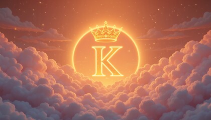 Radiant glowing sun with regal letter k and crown emerging through serene pastel clouds at dusk