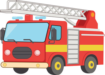 Flat cartoon vector illustration of a red fire truck with a hydraulic ladder issolate in white background