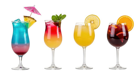 Four colorful tropical cocktails with garnishes, isolated on transparent background
