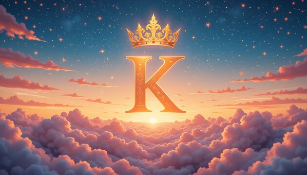 majestic glowing letter k with crown hovering above fluffy clouds at sunset under starry sky