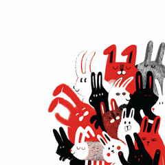 An illustration of a crowded group of stylized rabbits with a black and white color palette accented with red and white	