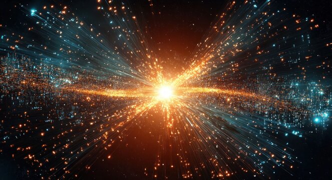 Bright explosive burst of orange and blue light particles radiating outward in a dynamic cosmic or digital energy display