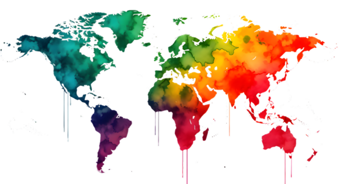 Rainbow Watercolor World Map on Black Backdrop with Drips