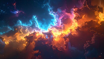 A breathtaking cosmic nebula displaying a vibrant array of swirling blue, orange, and pink gases amidst a starry expanse.