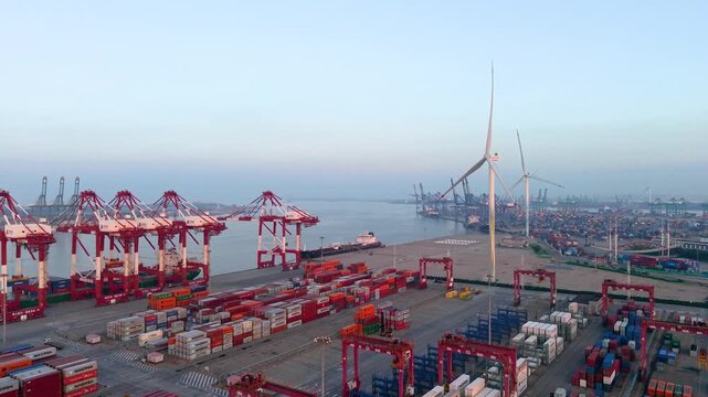 Aerial view of the cargo terminal of Tianjin Port at dusk