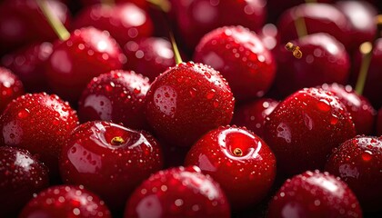 Closeup of Red Cherries with Water Droplets
