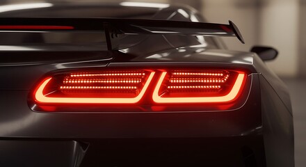 Obraz premium Sleek Black Sports Car Tail Lights - Modern Design, Red LED Illumination, Close-Up.