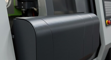 Fototapeta premium Sleek Dark Curved Panel of Modern Industrial Machine, High-Tech Equipment Detail, Precision Engineering Component.