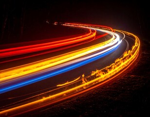 Night road lights trails in a curve