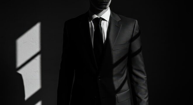 Shadowy Silhouette: A man in a suit stands bathed in the dramatic interplay of light and shadow, creating an image of mystery, elegance, and power. 