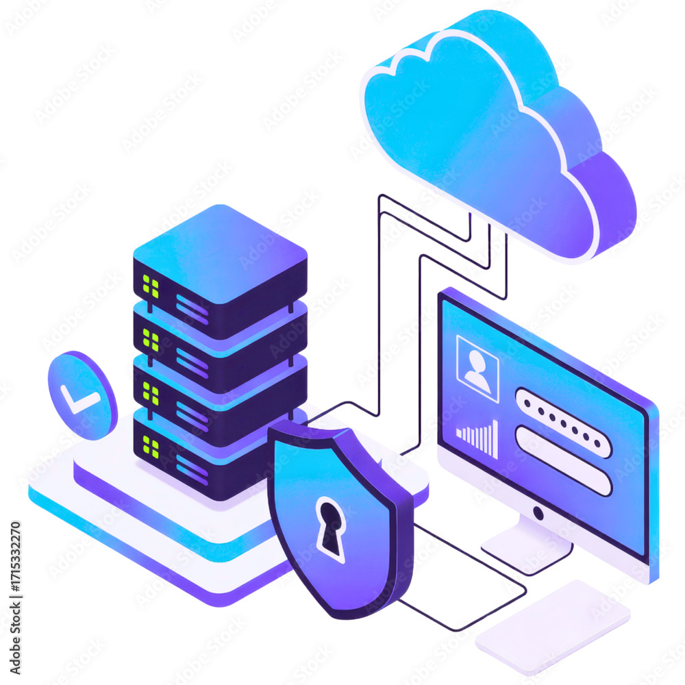 Aufkleber isometric illustration of cloud computing security with data servers on transparent background