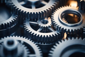 Close-up view of interconnected metal gears with sharp evenly spaced teeth, showcasing mechanical precision and smooth industrial function