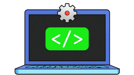 Modern Flat Style Coding Laptop with Gear Icon and Code Symbol