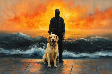 A golden retriever sitting calmly on wet pavement in front of a person wearing dark clothing and a hood with a dramatic orange sunset and stormy ocean waves in the background