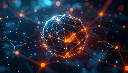 Obraz premium Abstract digital network sphere with glowing nodes and lines, representing global data connection and technology in a futuristic setting.