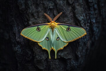Close-up of a vibrant green moth with yellow and brown accents resting on dark textured tree bark, showcasing delicate wings and feathery antennae