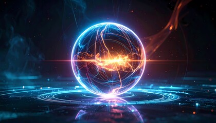 Obraz premium A vibrant, glowing energy sphere with intricate blue and orange electrical patterns, resting on a futuristic, reflective surface with glowing circuit lines in a dark, abstract environment.